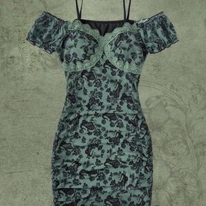 ROMWE Green Paisley Lace Drawstring Ruched Mini Dress